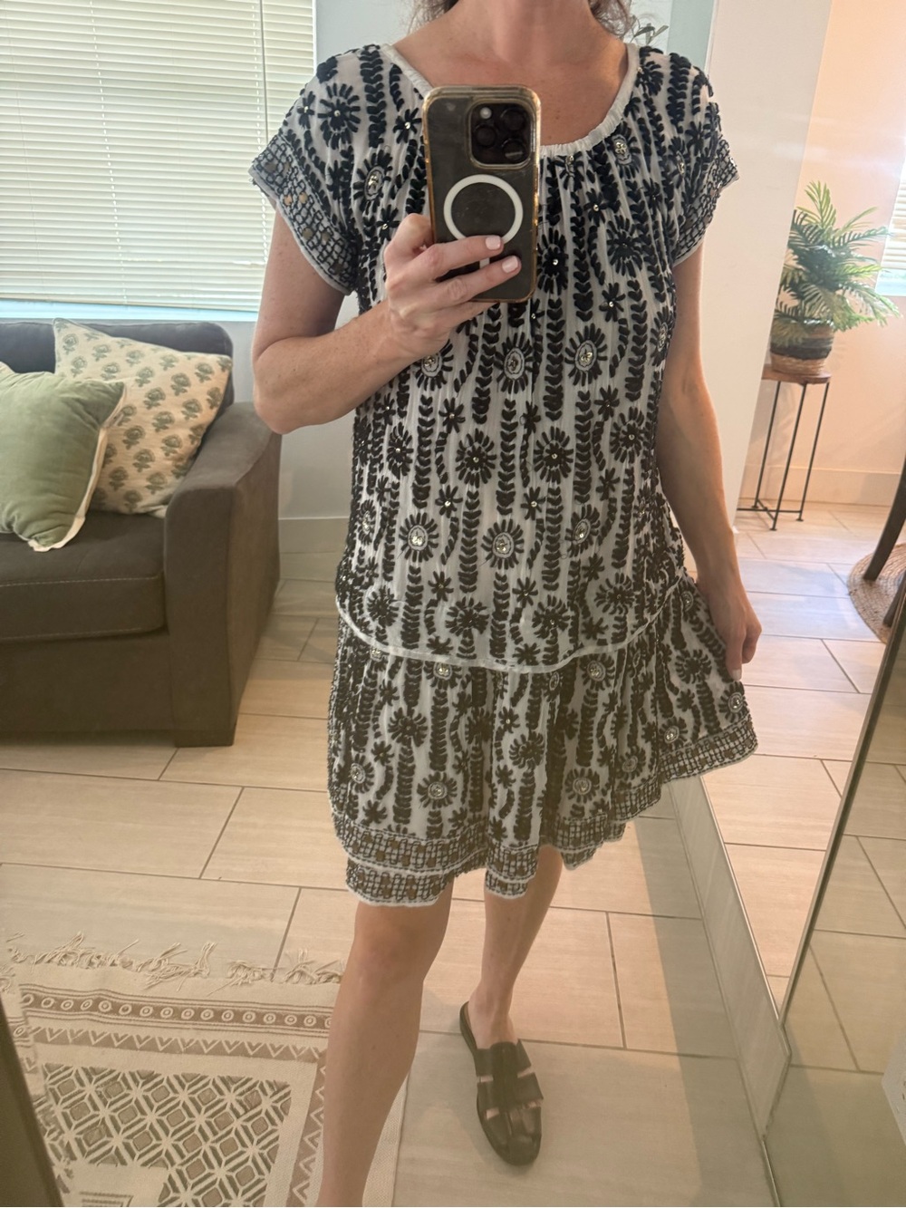 Muchet et Muchette Embroidered White & Black Drop Waist Dress Size M